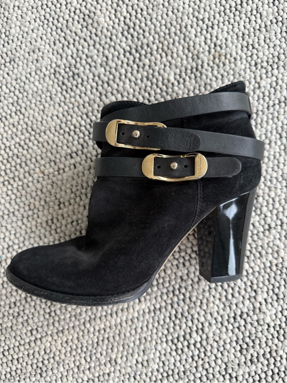 Jimmy Choo Black Suede Ankle Boots with Gold Buckles